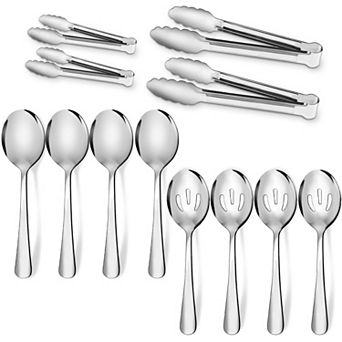 12 pc Stainless Steel Serving Utensils Set: Large Spoons, Slotted Tongs, Appetizer Tongs for Buffet