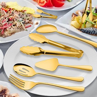 6-Piece Stainless Steel Serving Utensil Set with Spoon Fork Tong Pie Server