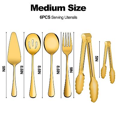 6-Piece Stainless Steel Serving Utensil Set with Spoon Fork Tong Pie Server