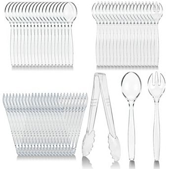 Disposable Plastic Serving Utensils Set Heavy Duty 18 pc Clear Spoons Tongs Forks for Catering