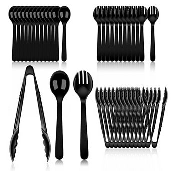 36 Disposable Serving Utensils Set 12 Black Plastic Spoons Tongs Forks for Party