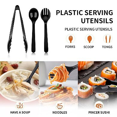 36 Disposable Serving Utensils Set 12 Black Plastic Spoons Tongs Forks for Party