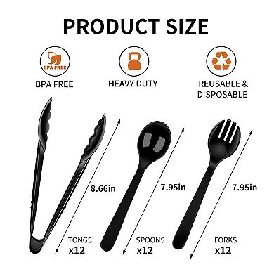36 Disposable Serving Utensils Set 12 Black Plastic Spoons Tongs Forks for Party