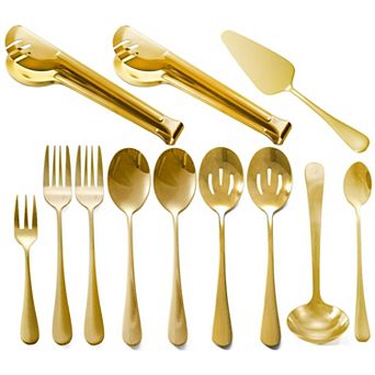 12 pc Serving Utensils Set Stainless Steel Flatware with Spoons Forks Ladle Tongs Pie Server
