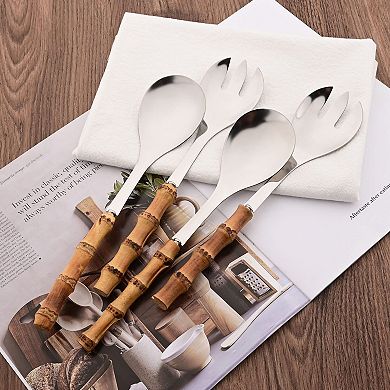 4-Piece Serving Utensils Set 304 Stainless Steel With Natural Handle For Kitchen Party Buffet