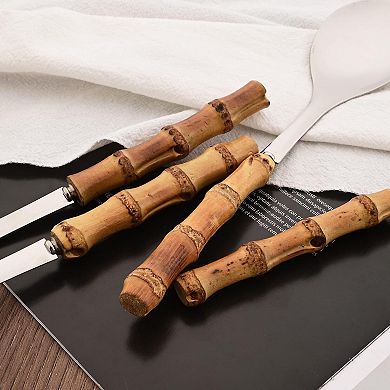 4-Piece Serving Utensils Set 304 Stainless Steel With Natural Handle For Kitchen Party Buffet