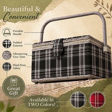 Sewing Basket Tulip Floral Print Removable Tray Built-in Pin Cushion Interior Pocket Storage Box