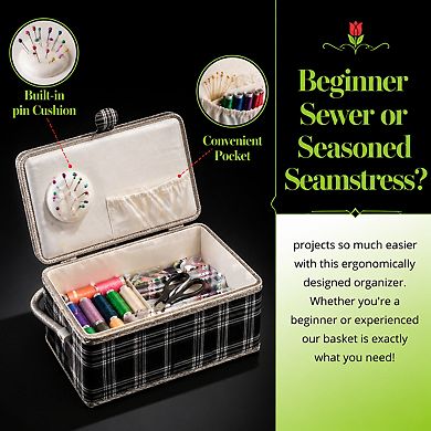 Sewing Basket Tulip Floral Print Removable Tray Built-in Pin Cushion Interior Pocket Storage Box