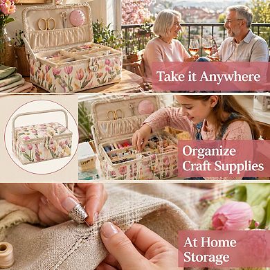 Sewing Basket Tulip Floral Print Removable Tray Built-in Pin Cushion Interior Pocket Storage Box