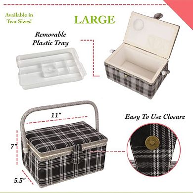 Sewing Basket Tulip Floral Print Removable Tray Built-in Pin Cushion Interior Pocket Storage Box