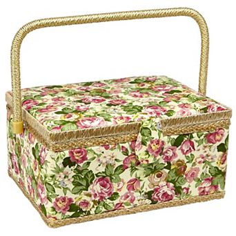 Sewing Basket Tulip Floral Print Removable Tray Built-in Pin Cushion Interior Pocket Storage Box