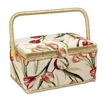 Sewing Basket Tulip Floral Print Removable Tray Built-in Pin Cushion Interior Pocket Storage Box