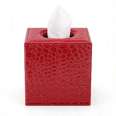 Croc Embossed PU Leather Tissue Box Cover Square Wooden Structure Magnetic Closure
