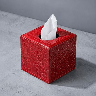 Croc Embossed PU Leather Tissue Box Cover Square Wooden Structure Magnetic Closure