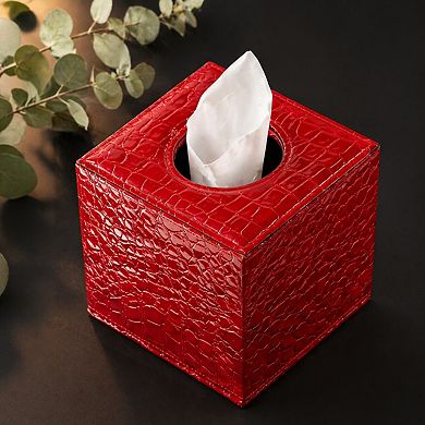 Croc Embossed PU Leather Tissue Box Cover Square Wooden Structure Magnetic Closure