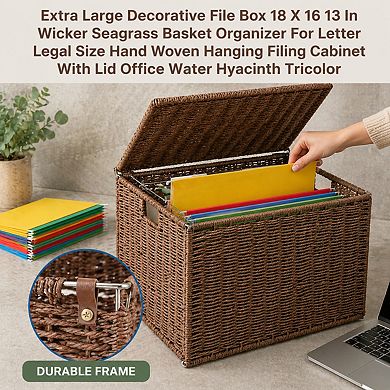 Extra Large Decorative File Box Wicker Seagrass Basket Organizer Hanging Filing Cabinet With Lid