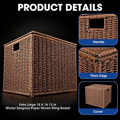Extra Large Decorative File Box Wicker Seagrass Basket Organizer Hanging Filing Cabinet With Lid