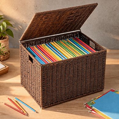 Extra Large Decorative File Box Wicker Seagrass Basket Organizer Hanging Filing Cabinet With Lid