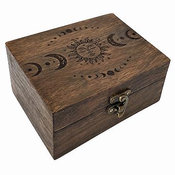 Engraved Wooden Tarot Box Sun Moon Crystal Holder Trinket Keepsake Multi Purpose Decorative Gift