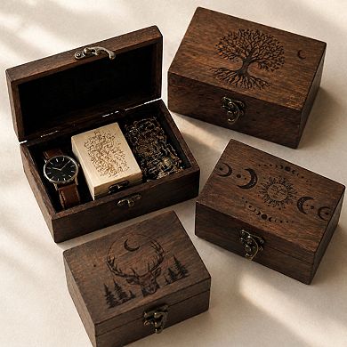 Engraved Wooden Tarot Box Sun Moon Crystal Holder Trinket Keepsake Multi Purpose Decorative Gift