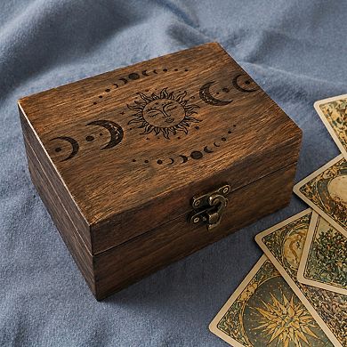 Engraved Wooden Tarot Box Sun Moon Crystal Holder Trinket Keepsake Multi Purpose Decorative Gift