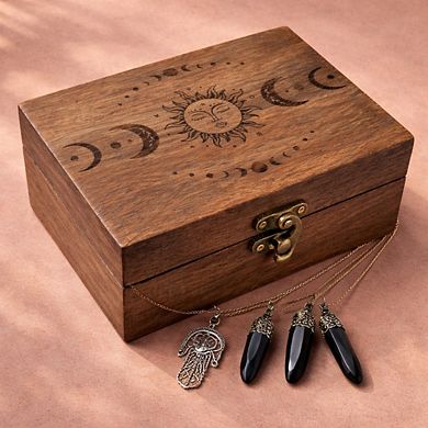 Engraved Wooden Tarot Box Sun Moon Crystal Holder Trinket Keepsake Multi Purpose Decorative Gift