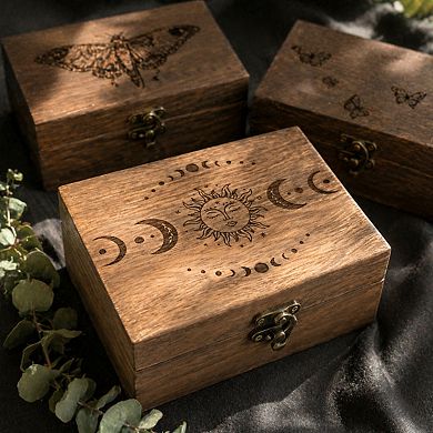 Engraved Wooden Tarot Box Sun Moon Crystal Holder Trinket Keepsake Multi Purpose Decorative Gift