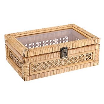 Vintage Rattan Wood Decorative Box Clear Lid Handcrafted Storage Display Shelf Basket