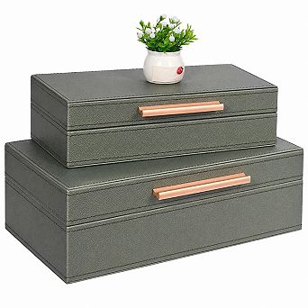Decorative Storage Boxes PU Leather Keepsake Memory Boxes w/ Lids Saving Space Metal Handles