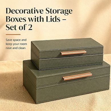 Decorative Storage Boxes PU Leather Keepsake Memory Boxes w/ Lids Saving Space Metal Handles
