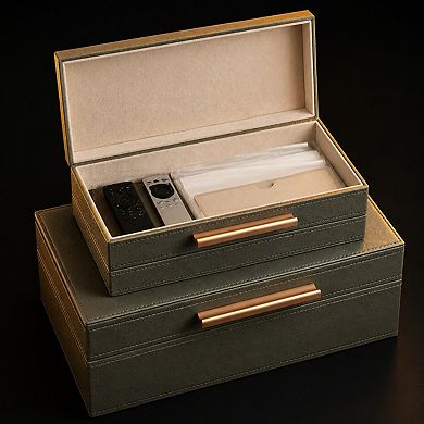 Decorative Storage Boxes PU Leather Keepsake Memory Boxes w/ Lids Saving Space Metal Handles