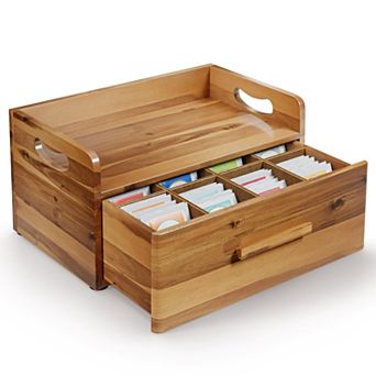 Wooden Tea Box Organizer with Drawer 8 Compartments 100 Tea Bags Storage
