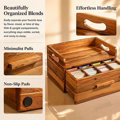 Wooden Tea Box Organizer with Drawer 8 Compartments 100 Tea Bags Storage