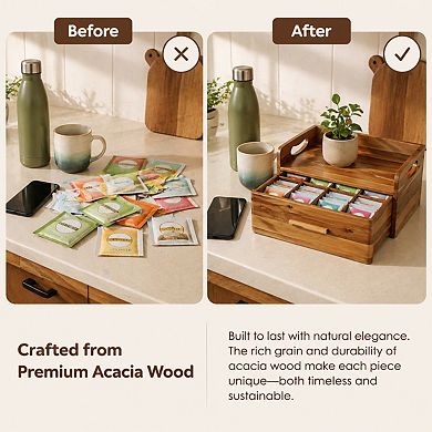 Wooden Tea Box Organizer with Drawer 8 Compartments 100 Tea Bags Storage