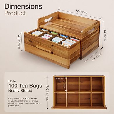 Wooden Tea Box Organizer with Drawer 8 Compartments 100 Tea Bags Storage