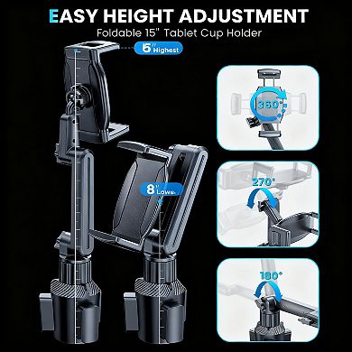Car Cup Holder Tablet Mount 15" Height Adjustable Device Travel Accessory