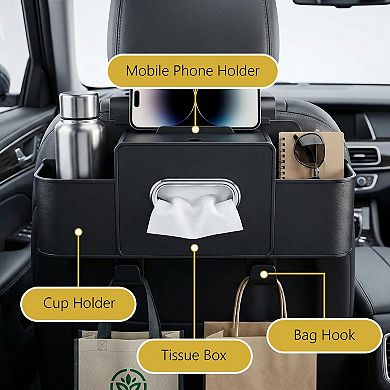 Backseat Car Organizer 4-in-1 Tissue Box Cup Holders Phone Stand Hooks Storage