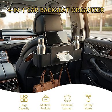 Backseat Car Organizer 4-in-1 Tissue Box Cup Holders Phone Stand Hooks Storage