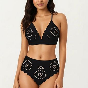 Women's 2 pc Bikini Set with Scalloped Trim Laser Cut Design Triangle Top High Waisted Bottom