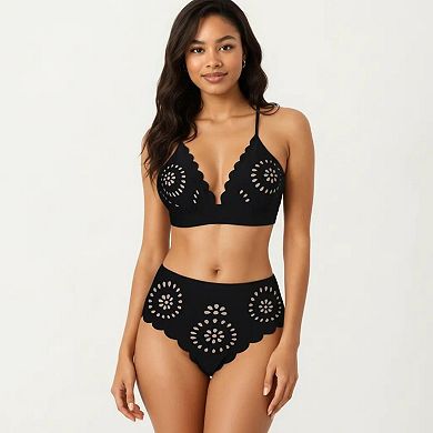 Women's 2-Piece Bikini Set with Scalloped Trim Laser Cut Design Triangle Top High Waisted Bottom