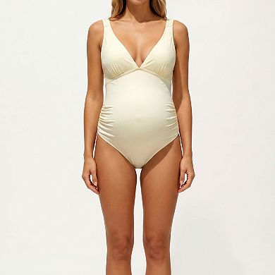 Women's V-Neck Maternity One-Piece Swimsuit with Ruched Sides and Adjustable Straps