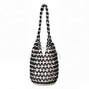 Beaded Bucket Bag with Inner Pouch Open Weave Wooden Bead Shoulder Handbag Lightweight Drawstring