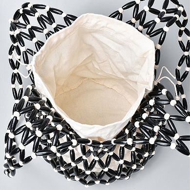 Beaded Bucket Bag with Inner Pouch Open Weave Wooden Bead Shoulder Handbag Lightweight Drawstring