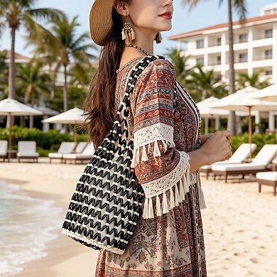 Beaded Bucket Bag with Inner Pouch Open Weave Wooden Bead Shoulder Handbag Lightweight Drawstring