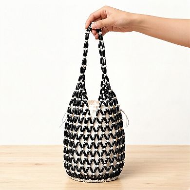 Beaded Bucket Bag with Inner Pouch Open Weave Wooden Bead Shoulder Handbag Lightweight Drawstring