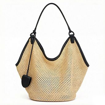 Woven Shoulder Bag with Faux Leather Trim Slouchy Hobo Handbag Lightweight Large Capacity Tote