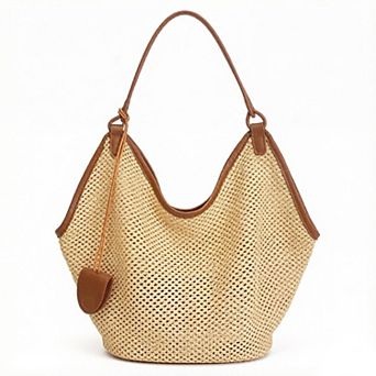 Woven Shoulder Bag with Faux Leather Trim Slouchy Hobo Handbag Lightweight Large Capacity Tote