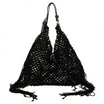 Woven Crochet Shoulder Bag with Fringe Detail Slouchy Hobo Style Lightweight Handbag