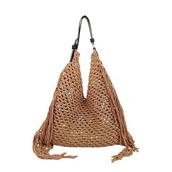 Woven Crochet Shoulder Bag with Fringe Detail Slouchy Hobo Style Lightweight Handbag