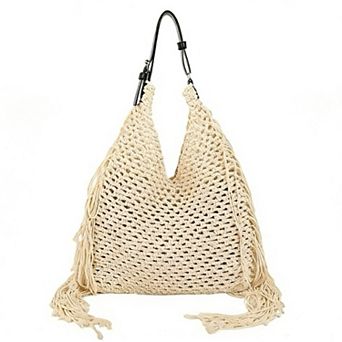 Woven Crochet Shoulder Bag with Fringe Detail Slouchy Hobo Style Lightweight Handbag